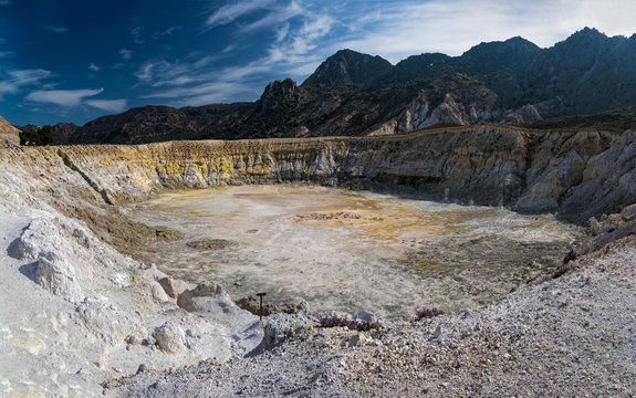 Panoramic view of the largest crater of the active volcano in Nisyros island, Greece