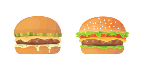 Burger cartoon set. fresh cheeseburger and hamburger illustrations. Fast food.