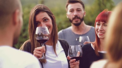 Group of friends toasting with red wine in the vineyard
 - Powered by Adobe
