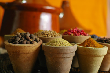Collection of different spices in old clay bowls in colorful oriental style