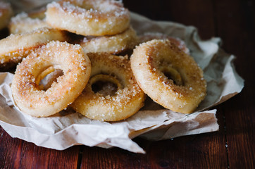 Breakfast whith homemade doughnuts with cinnamon sugar