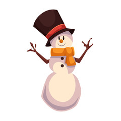 Happy snowman in a black cylinder and orange scarf, cartoon vector illustration isolated on white background. Drawing of snowman, traditional winter character, Christmas decoration element