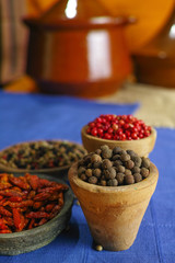 Dried red, hot chili, black, white peppers in old clay bowls 