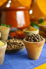 Collection of different spices in old clay bowls in colorful oriental style