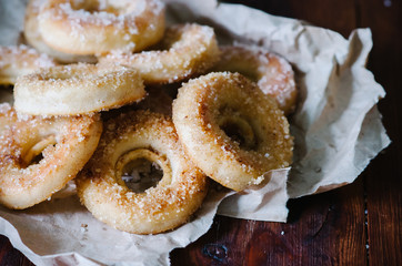 Breakfast whith homemade doughnuts with cinnamon sugar