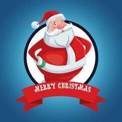 Santa cartoon inside seal stamp with ribbon icon. Merry Christmas season and decoration theme. Colorful design. Vector illustration