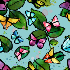 Fototapeta na wymiar Seamless pattern with vector watercolour leaves and butterflies