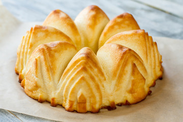 Cottage cheese casserole. Cheesecake on piece of paper. Healthy dessert cooked at home. Best use for sour milk.