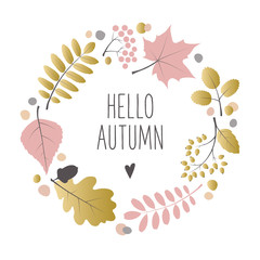 Autumn wreath with leaves, acorn, berries. Vector illustration. Rowan, maple, oak, birch leaves. Gold, black, pink colors. Hello autumn.