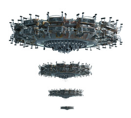 3D illustrations of a UFO in four images adjusted for perspective, for science fiction backgrounds or interstellar deep space travel with the clipping path included in the file