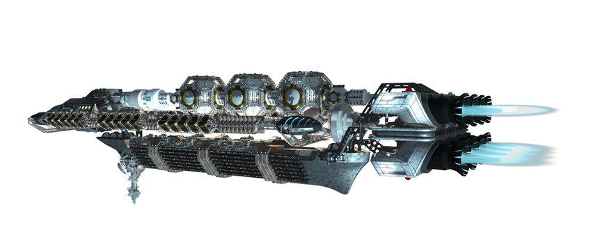 3d illustration of an interstellar spaceship with fired propulsion jets for futuristic deep space travel or science fiction backgrounds, with the clipping path included in the file