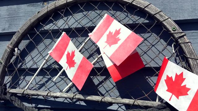 Group of small Canadian flags decorate a traditional wood slat wall with an old piece of fishing equipment in Halifax, Nova Scotia, Canada