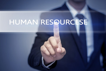 Businessman hand touching HUMAN RESOURCESE  button on virtual sc