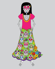 Day of the Dead or Halloween Skeleton Woman in Vector Format