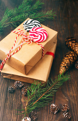 Hand crafted Christmas gifts on rustic wooden background