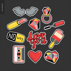 Set of contemporary girlish patches elements. A set of vector girls stuff like makeup, hearts, phrases Love you, Hate you,hurry up, No way, stars, wings, tape, popsicle, lips. Vector stickers kit.