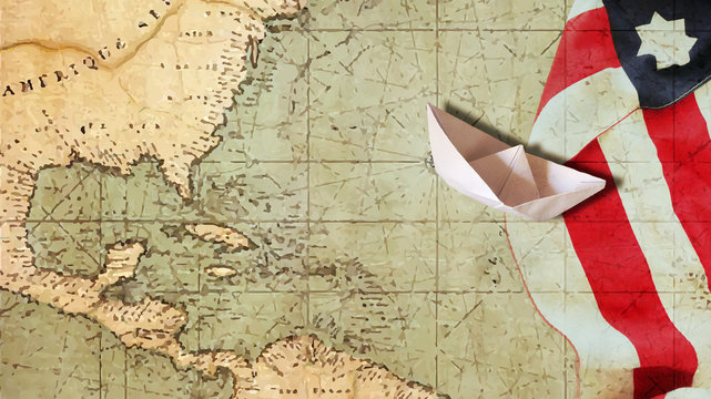 Happy Columbus Day. Usa Flag Nautical Chart and Paper Boat.