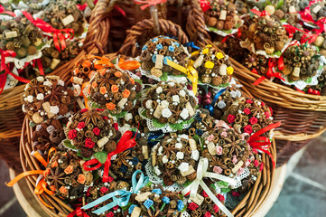 Fototapeta premium Souvenir bouquets of died flowers, anice, laces