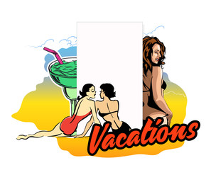 Vector design template with bikini girls and cocktail