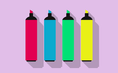 Vector different color markers with long shadow on flat background