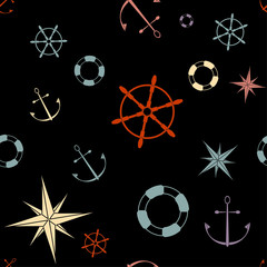Seamless pattern with anchors stars compasses lifebuoys and wheels