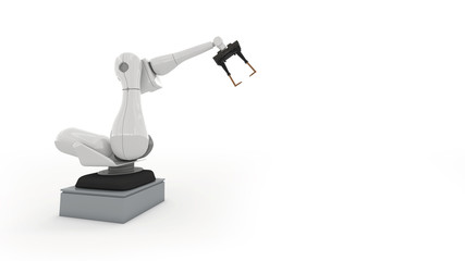 Industrial Robot arm active in factory. Automation welding mechanical procedure. Isolated on white background.  3d rendering