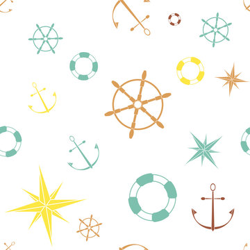 Seamless pattern with anchors stars compasses lifebuoys and wheels