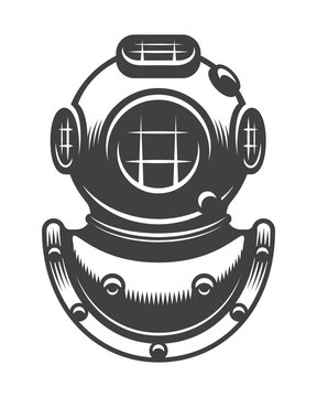 Vintage nautical diving helmet Monochrome style isolated