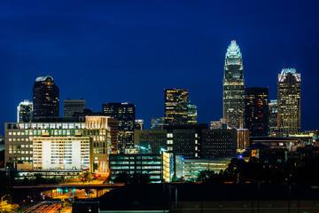 View of the skyline of Uptown at night, in Charlotte, North Caro