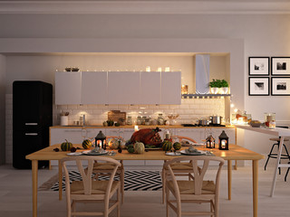 nordic kitchen in an apartment. 3D rendering. thanksgiving concept.