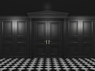 Fototapeta premium Black closed double doors classic style in a dark interior. 3d illustration in high resolution