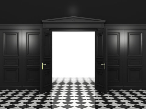 Black open double doors classic style in a dark interior. 3d illustration in high resolution