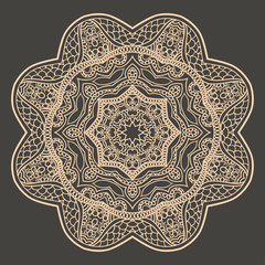 Mandala design hand drawn oriental elements beige on grey background. Template for your designs. vector illustration