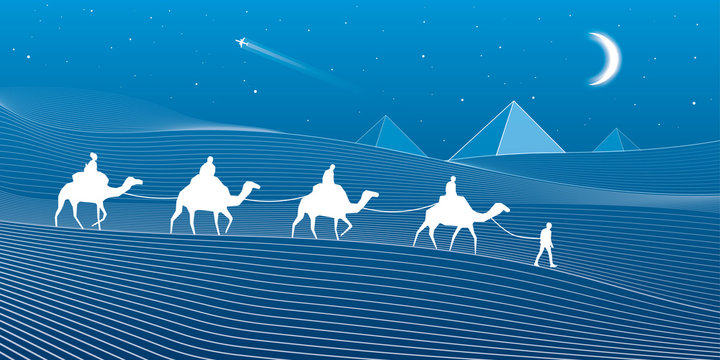 Caravan passes through the sand desert, dunes, pyramids on the horizon, white lines on blue background, night scene, vector design art