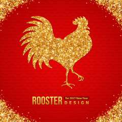 Gold Shining Rooster Silhouette on Red Background