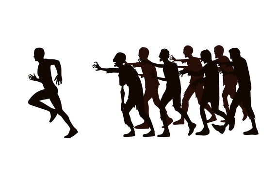 Silhouette vector runner run away from zombie group isolated on white background.
