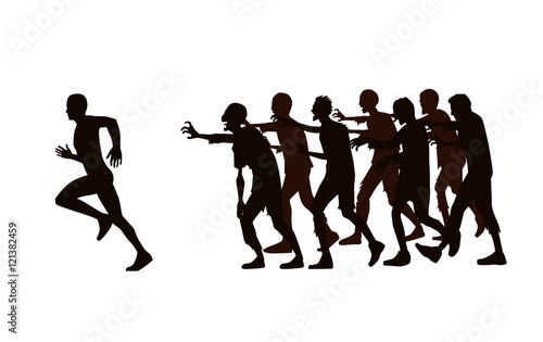 "Silhouette vector runner run away from zombie group isolated on white