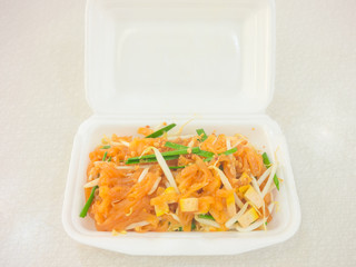 Thai style stir fried noodle packed in carrying foam box