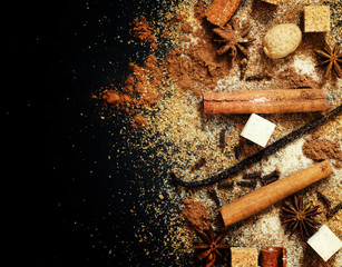 Christmas spices, food background, vintage toning, top view