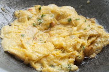 Cooking fired egg  in iron pan, selective focus and soft focus