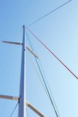 Staysail halyard on the mast, near the spreaders, snrouds and backstay