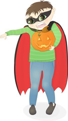 Little boy dressed as vampire with pumpkin, happy halloween, cute child vector cartoon