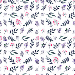 Watercolor Seamless Texture With Dark Foliage, Black and Red Berries