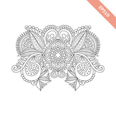Hand drawn  floral background  in doodle or henna mehndi  style. Black line vector design for cover,  bag, knapsack, notebook, datebook . Coloring book page.