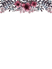 Card With Watercolor Deep Red Flowers, Berries And Black Leaves