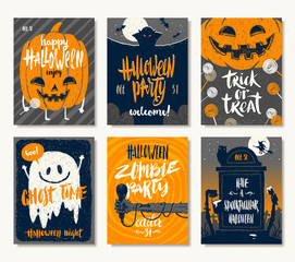 Naklejka premium Vector set of Halloween holidays hand drawn invitation or greeting card with handwritten calligraphy greetings, words and phrases.