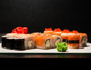 Food. rolls sushi, black and white background