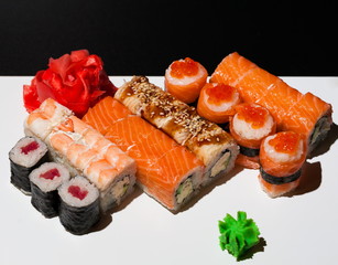 Food. rolls sushi, black and white background
