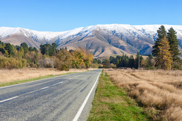 Straight road  to the  mountainous, Canterbury region, NZ