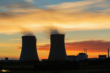 The cooling towers at twilight, nuclear power generation plant, Temelin, Czech Republic